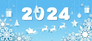 Vektör çizimi. 2024. Banner, mutlu yıllar 2024. Yeni Yıl ve Noel Tatilleri 'nde. Ren geyiğiyle Noel Baba. Kartpostal, hediyeler, lamine kağıtta mavi arka planda oyuncaklar. Kağıt, broşür, dergi, başarı, ataç sanatı, bilgi