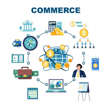 Vektör çizimi. Ticaret, bireyler ve iş kurumları arasında mal ve hizmetlerin değiş tokuşu olarak tanımlanır. People.Online iş, kurumsal sunum, yaratıcı fikirler ve çözümler, broşür, dergi başarısı, klip sanatı, bilgi grafiği