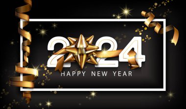 2024. Mutlu yıllar 2024. İzole edilmiş beyaz sayılar, tasarım. Parlak altın kurdele ve fiyonk. Konfetili siyah arka plan. Yıldızlar altın yılanbalığı. Tebrik kartları. Vektör illüstrasyonu, tebrik kartı, broşür, dergi, başarı, klip sanatı, bilgi