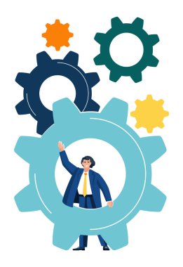 Bir iş adamı iş kurar. İyi bir başlangıç. İş dünyası, insan yeni teknolojiler için mekanizma ve dişlilerle çalışır. Beyin fırtınası. Kavram, iş sunumu, başlangıç. Vektör illüstrasyonu, düz tasarım, el ilanı, dergi, başarı klip sanatı, bilgi grafiği