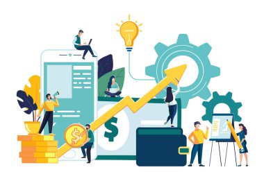 Sanal iş asistanının vektör illüstrasyonu. İş adamları, takım. Akıllı telefondaki düz simge tüm hesapları, parayı, yatırım yönetim kartını birleştirdi. Grafik tasarım iş vektörü, mobil bankacılık broşürü başarı videosu sanatı, bilgi toplama sanatı