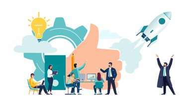 El işi dersi. İyi bir başlangıç. İş adamları, iş adamları ofiste çalışır, yeni teknolojiler geliştirirler. Takım çalışması beyin fırtınası. Roket fırlatma, iş adamları, fikir. Konsept illüstrasyon, broşür, dergi, başarı, klip sanatı ve bilgi grafiği olarak başparmaklar yukarı