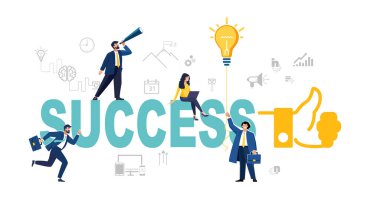 Başarı, iş stratejisi, bilgi işleme iş tasarımı. İş adamları bir iş fikrinin başarısını geliştiriyor, finansal başarı, yeni fikirler arıyor. İş büyümesi konsepti, hayal, yeni yükseklik ilanı, dergi, başarı, klip sanatı, bilgi