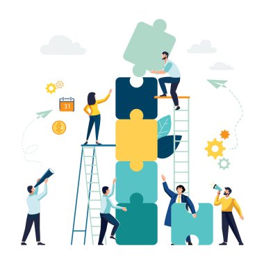 İş konsepti. Takım metaforu. Yapboz elementlerini birbirine bağlayan insanlar. Vektör illüstrasyon düz tasarım tarzı. Hedefler ve hedefler, iş büyür ve plan yapar. Takım çalışması, işbirliği, ortaklık, broşür, dergi, başarı, klip sanatı, bilgi