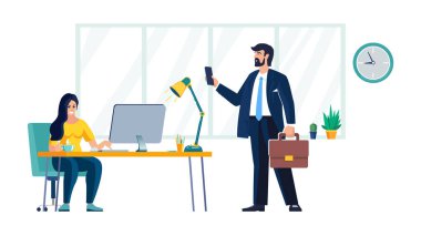 Ofiste çalış. İş geliştirme. İşçi kız bilgisayarda çalışıyor millet. İş planı, beyin fırtınası fikri, girişimci geliştirme misyonu. Vektör illüstrasyonu, el ilanı, dergi başarısı, klip sanatı, bilgi grafiği