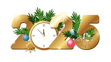 2025 yılı. Mutlu noeller. Mutlu yıllar 2025. Altın saatli altın numaralar, Noel ağacı dalları ve beyaz arka planda izole edilmiş oyuncaklar. Xmas sürprizi, tatil. Tebrik kartı. Vektör illüstrasyonu, broşür dergisi, başarı, klip sanatı, bilgi grafiği