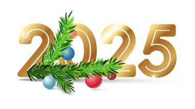 2025 yılı. Mutlu noeller. Mutlu yıllar 2025. Altın sayılar, sim, Noel ağacı dalları ve beyaz arka planda izole edilmiş oyuncaklar. Noel sürprizi, tatil. Tebrik kartı. Vektör illüstrasyon, broşür, dergi, başarı, klip sanatı, bilgi,