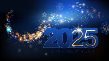 Happy New Year 2025. Blue numbers with golden stripes, holiday, gifts. Blue, black background, stars and snowflakes. 2025, banner, design for calendar. Starry sky, Merry Christmas. Vector illustration, magazine, achievement, clip art, infographic clipart