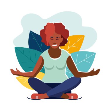 Medftation, millet. Lotus pozisyonunda oturan bir kız, meditasyon konsepti, vücudun, aklın ve duyguların sağlığı için faydaları, başlangıç. Fikirler bulmaya başlıyorum. Açık hava eğlencesi. Vektör illüstrasyonu, broşür dergisi başarı klibi sanatı, bilgi sanatı.
