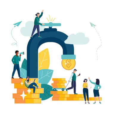 Musluktan para almak, su tüketimi, su için para. Yaratıcı projelerin finansmanı. İnsanlar, iş yükleyicileri, başarılı bir takım, tasarruflar. Vektör illüstrasyonu, beyaz arkaplan broşüründeki iş, dergi başarı klipsi sanatı, bilgi grafiği