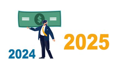 Yeni yıl. 2025 'teki pozitif motivasyon, başarı ve iş büyümesi. Engelleri aşmak, geçen yıl tamamlanmamış görevler, bir doları olan iş adamı 2024 'ten 2025' e kadar vektör illüstrasyon broşürü, dergi başarı klip sanatı, bilgi grafiği