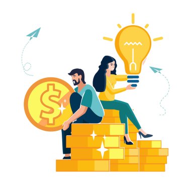 İş konsepti vektör çizimi. İşletme finans bağlantıları olan insanlar, yatırımcılar. Takım çalışması, paralı bir adam, ampullü bir kız. İş fikirlerini araştır. Başarıya giden kariyer artışı, arka plan broşürü, dergi başarı klip sanatı, bilgi grafiği