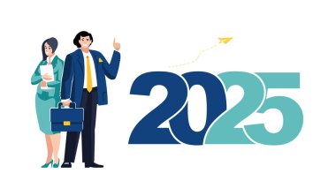 2025, tatil. Mutlu yıllar. İşadamı ve sekreter yılbaşı rakamlarına yakın duruyor, gelecek yıl için finansal bir plan yapıyorlar. Banner, 2025 'te iş başarısı ve büyüme. Vektör illüstrasyon, broşür, dergi, başarı, klip sanatı, bilgi