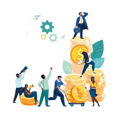 İş için. Takım çalışması. İşadamı yatırımcı ve çalışanlar, altın para yığınına, altın para yığınına, büyüme yatırımına, zenginliğe ve karlılığa, maaş kartına, insanlara para yığarlar. Vektör illüstrasyon broşürü, dergi başarısı, klip sanatı, bilgi grafiği