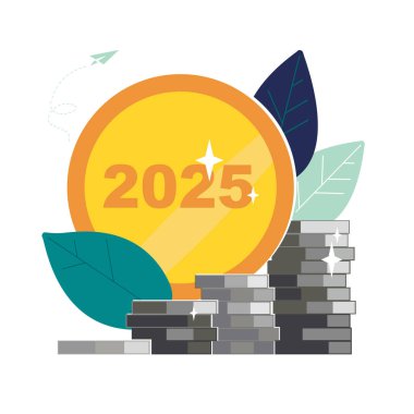 2025. Happy New Year. Golden penny with New Year's numbers 2025. Business finance, presentation. Profit growth of silver coins. Investments in money management, income development.Vector illustration flyer, magazine achievement, clip art, infographic