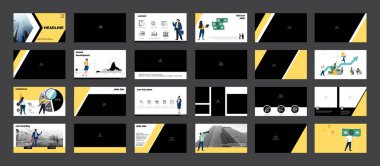 Sunum, hazır. Bir grup insan bir iş kurar, takım çalışması. İş, yeni bir finans projesi başlatmak. PowerPoint, bilgi şablonu, tasarım sarı, siyah elementler. Vektör illüstrasyon, broşür, dergi, başarı, klip sanatı, bilgi