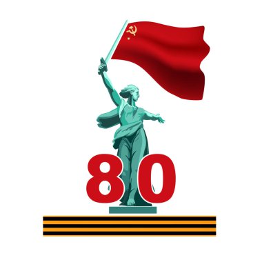 9 Mayıs, Zafer Günü 80 yıl, afiş tasarımı, poster. Volgograd, Anavatan Çağrıları anıtı. İngilizce ve Rusça yazılar: Aziz George 'un kırmızı bayrağı. Dünya Savaşı 1941-1945 Vector illüstrasyon broşürü, dergi, başarı klip sanatı, bilgi
