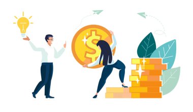 İş için. Takım çalışması. Yatırımcı ve kadın çalışanlar yığınla para, altın dolar madeni para, yatırım büyümesi finansmanı, karlılık, insanlar, bankacılık, banka, poster üzerinde para biriktirirler. Vektör illüstrasyon broşürü, dergi, başarı, klip sanatı, bilgi