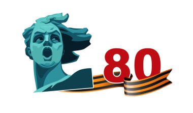 80 yıllık Zafer Günü! Yeşil tasarım, afiş. Volgograd 'ın sembolü Anavatan Çağrıları heykelinin portresi. St. George 's Ribbon İkinci Dünya Savaşı 1941-1945. Vatansever Savaş ilanı, dergi başarı klip sanatı, bilgi.