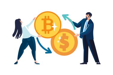 Vektör çizimleri. Finansal işlemler, para transferleri, banka işlemleri, altın paralar dolar ve bitcoin arasında alışveriş. İş dünyası, işadamları, iş adamları, Avrupalılar, takım çalışması, broşür, dergi, başarı, klip sanatı, bilgi grafiği