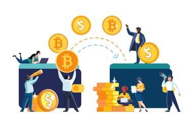 Vektör çizimleri. Finansal işlemler, para transferleri, banka işlemleri, madeni paralarla, dolarlarla ve bitcoin ile büyük anlaşmalar. İş dünyası, etnik insanlar, Afrikalı Amerikalılar, takım çalışması döviz broşürü, dergi başarı klibi sanatı, bilgi aktarımı