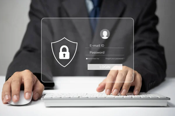 保护个人资料不受黑客入侵 个人数据的安全上网 身份识别信息安全和加密 人在虚拟屏幕上输入登录和密码 — 图库照片