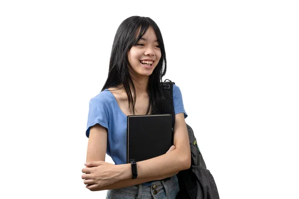 Adolescente Estudante Menina Asiático Segurar Livro Fundo Branco Voltar Para — Fotografia de Stock