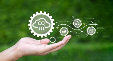 Elde tutulan ikon dişli CO2 eko çevre yenilenebilir yönetim net sıfır küresel gezegen ekonomi iş kavramı.