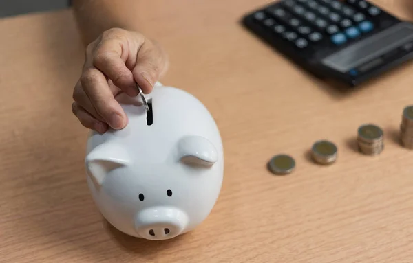 Vrouw Steken Munt Spaarvarken Bank Geld Besparen Voor Toekomst Plan — Stockfoto