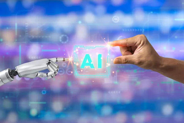 Robot arka planda iş adamıyla yapay zekaya dokunuyor. yenilikçi modern siber teknoloji.