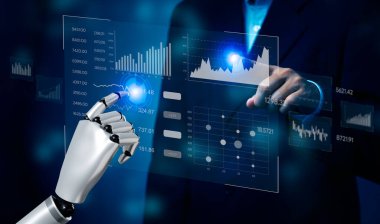 İşletme 3D yapay zeka yapay yapay zeka robot gösterge paneli Büyük veri diyagramı grafik sanal ekran. ekonomik analiz ve yatırım finans ve pazarlama iş zekası (BI) kavramı.