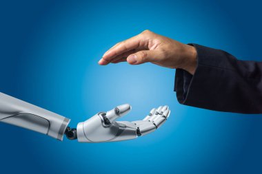 Yapay Zeka Yapay El Robotu 3D görüntüleme ve arka plandaki insanları ele geçirme.