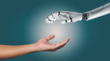 Yapay Zeka Yapay El Robotu 3D görüntüleme ve arka plandaki insanları ele geçirme.