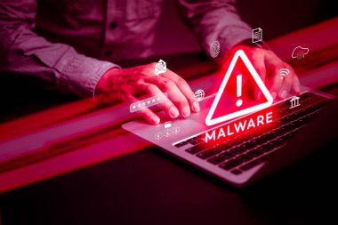 hacker uses malware with laptop computer hack password the personal data and money from Bank accounts.Scam Virus Spyware Malware Antivirus digital technology internet online Concept. clipart
