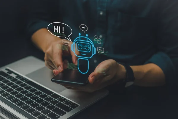 Yapay Zeka ya da Yapay Zeka ile sohbet et. Dijital sohbet robotu, robot uygulaması. Çevrimiçi sistemde gelecekçi teknoloji robotu.