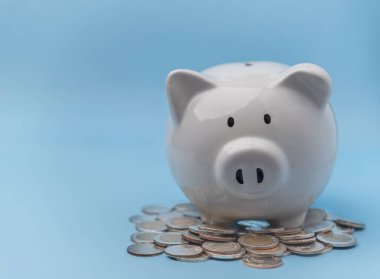 Finansal başarı ve madeni parayla beyaz domuz kumbarası için para biriktiriyorum. Ticari mali planlama ve zenginlik yönetimi, muhasebe, vergi, sigorta kavramı.