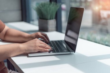 Modern Ofiste İş Teknolojisi Yaratıcı Profesyoneli Dizüstü bilgisayar kullanan El Kadını. Dijital Bağlantı ve Çevrimiçi İletişim Çalışması