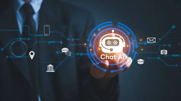 Innovative Chat Bot AI conversation artificial intelligence on Virtual Screen. Futuristic Digital and Connectivity Technology Online Communication and Finance and banking, education, medical.