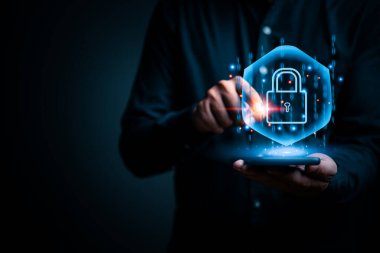 Siber güvenlik korsanı bilgi dijital konsepti, kullanıcı gizliliği güvenliği ve şifreleme, güvenli internet erişim teknolojisi gizlilik sistemi güvenli ağ erişim asma kilit.