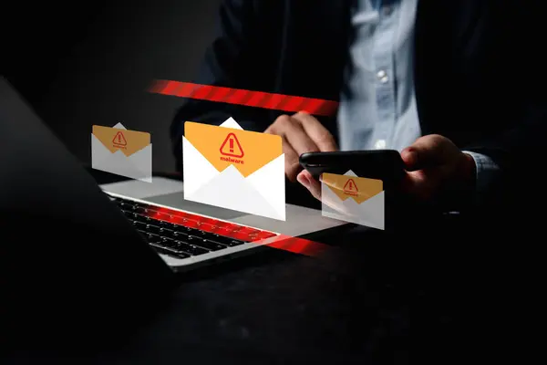 Received email alert Inbox marked with a spam virus caution sign, internet threat protection notification and warning network security safety virus spam.Cybersecurity awareness in communication.