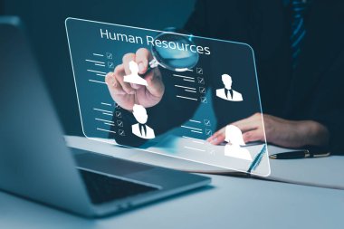 Human Resources Management HR, Employee Engagement and Development recruitment, employee and workplace. Manger checking the employees profiles online survey form.	