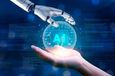 Futuristic Collaboration Human and Robot Hands Touching AI artificial intelligence Technological machine Innovation global network data clipart