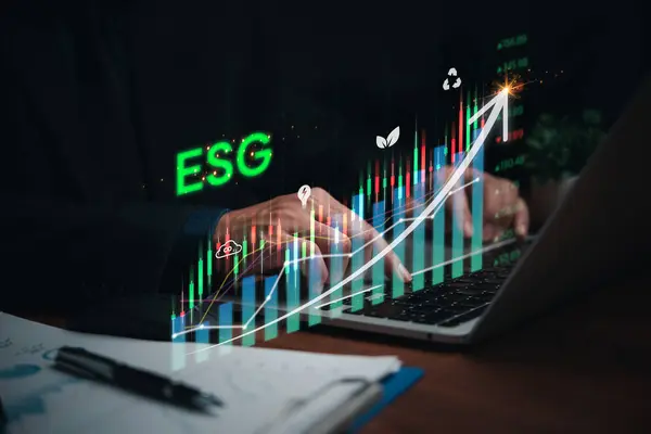 Analyzing environmental stocks and funds aligns with the ESG Environmental Social Governance investment concept. Businessman report stock market social and financial