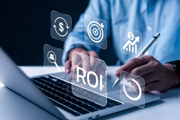 Marketing automation Finance ROI Return On Investment with Business Technology Analysis and KPI Metrics Digital Marketing Data Graph Strategy Target