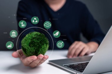 Küresel ısınmayı azaltmak çevreye dostça geliyor. Teknolojide yenilik, doğa yeşil dünya, eko karbondioksit geri dönüşümü, sürdürülebilir yenilenebilir enerji ve ESG net sıfır karbon kavramı.