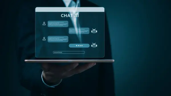 artificial intelligence chat AI robots research content write reports and scripts public relations, Command prompt, conversation assistant, automatic answering machine technology communication.