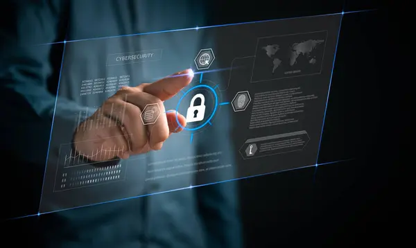Hand touch virtual screen with an interactive cybersecurity interface featuring a padlock symbol, digital protection methods.