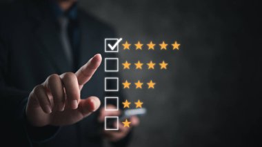 Hand selecting a five-star rating on a digital interface. Symbolizes customer feedback and quality assessment. Suitable for business, service evaluation, and customer satisfaction clipart