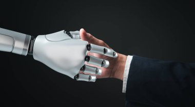 Robot ve insan elleri titriyor, yapay zekayı ve insan işbirliğini simgeliyor. Teknoloji, iş yeniliği ve gelecekteki kavramlar için ideal..