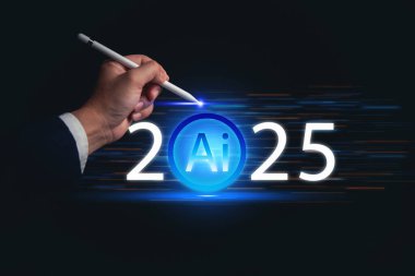 Fütürist yapay zeka 2025 'in parlak mavi dizaynlı el ele tutuşması. Konsept geliştirme ve yenilik yapay zeka evrimi ve dijital dönüşüm. gelecekteki teknoloji eğilimleri.